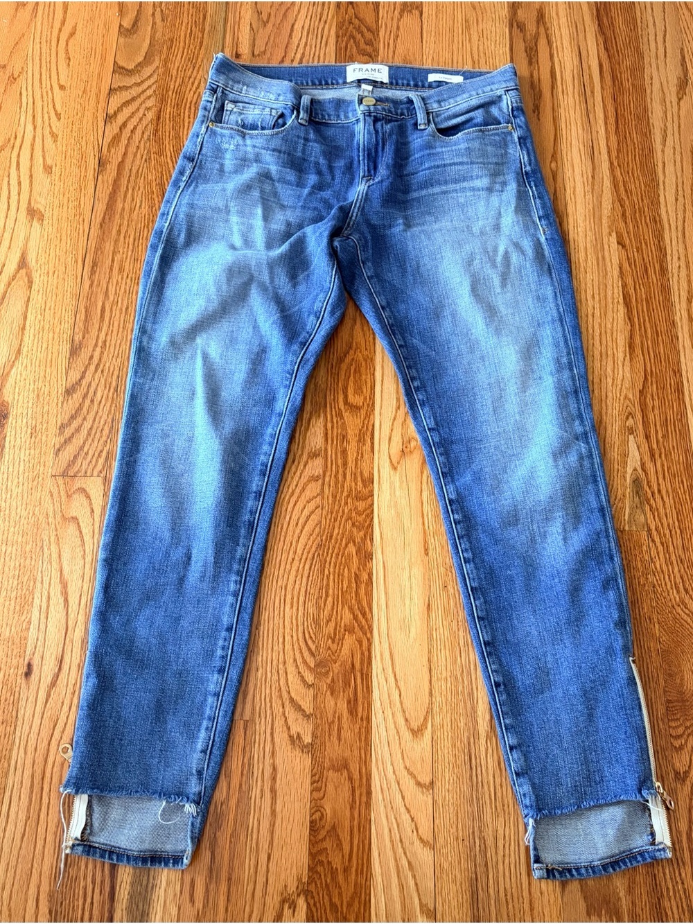 Frame Denim Women's Le Garçon Straight Leg Jeans in Medium Blue Wash Raw Hem